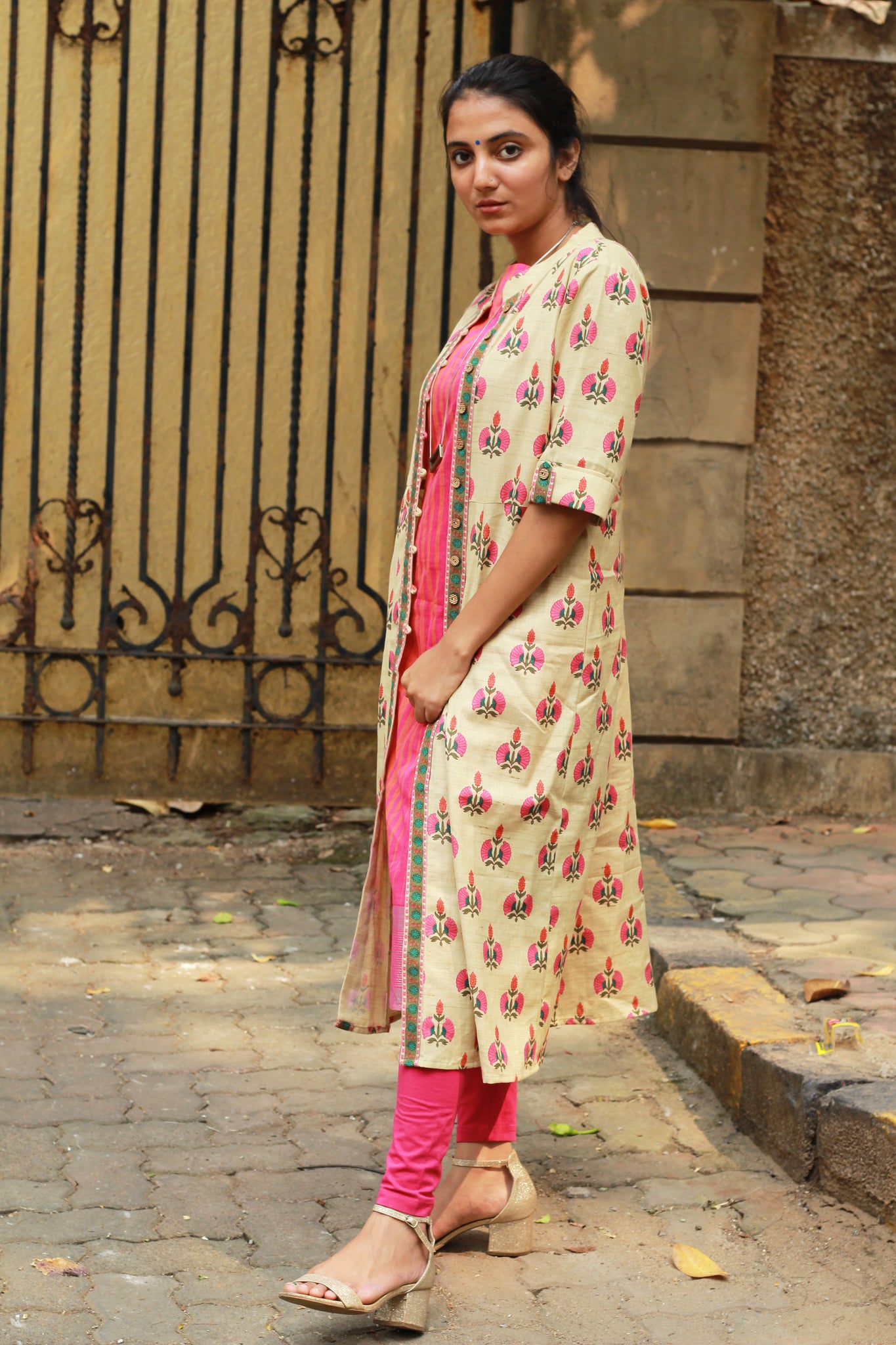 Rayon Floral Print Jacket And Cotton Stripe Inner Kurta Set