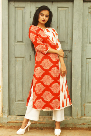 Rust and Off White Block Print Kurta