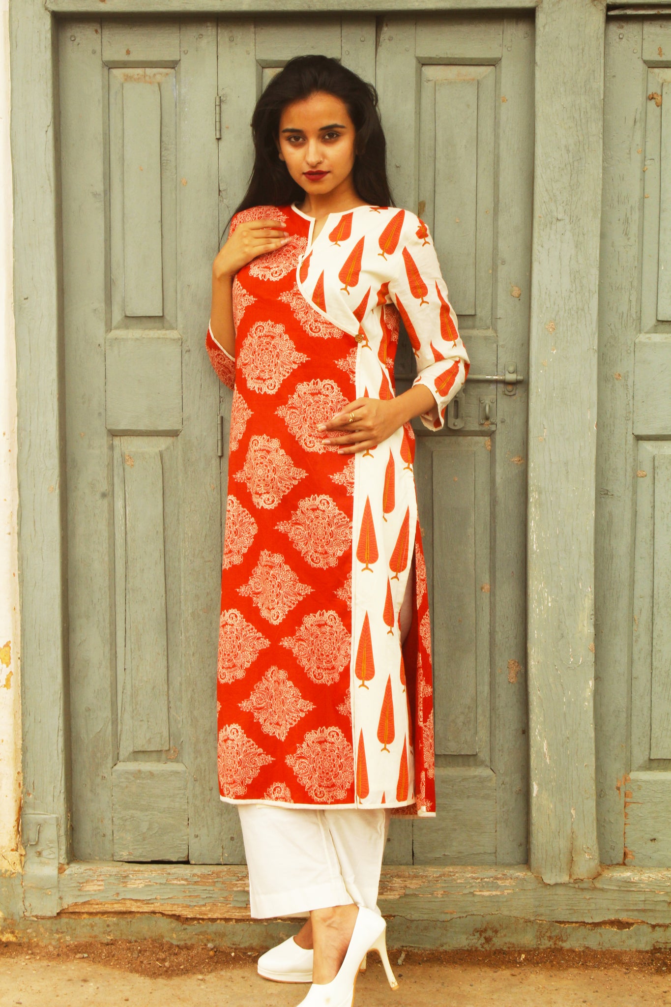 Rust and Off White Block Print Kurta