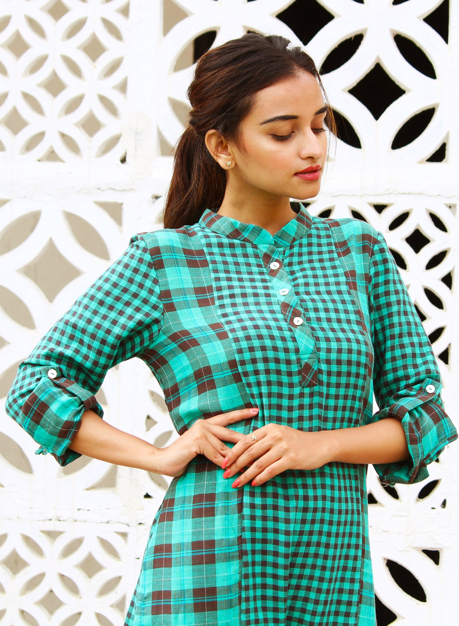 Teal And Brown Checks Kurta