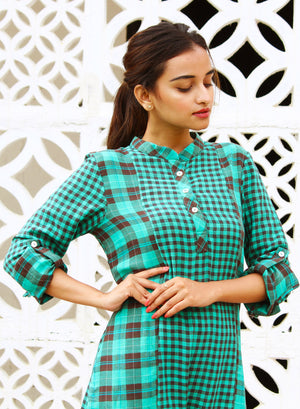 Teal And Brown Checks Kurta