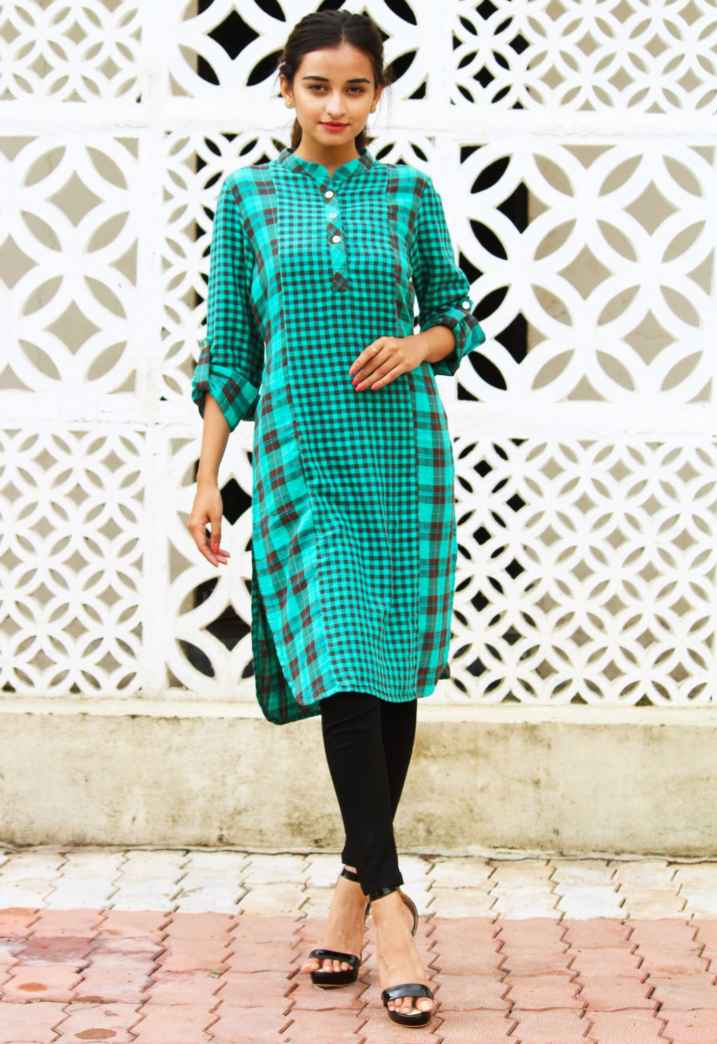 Teal And Brown Checks Kurta