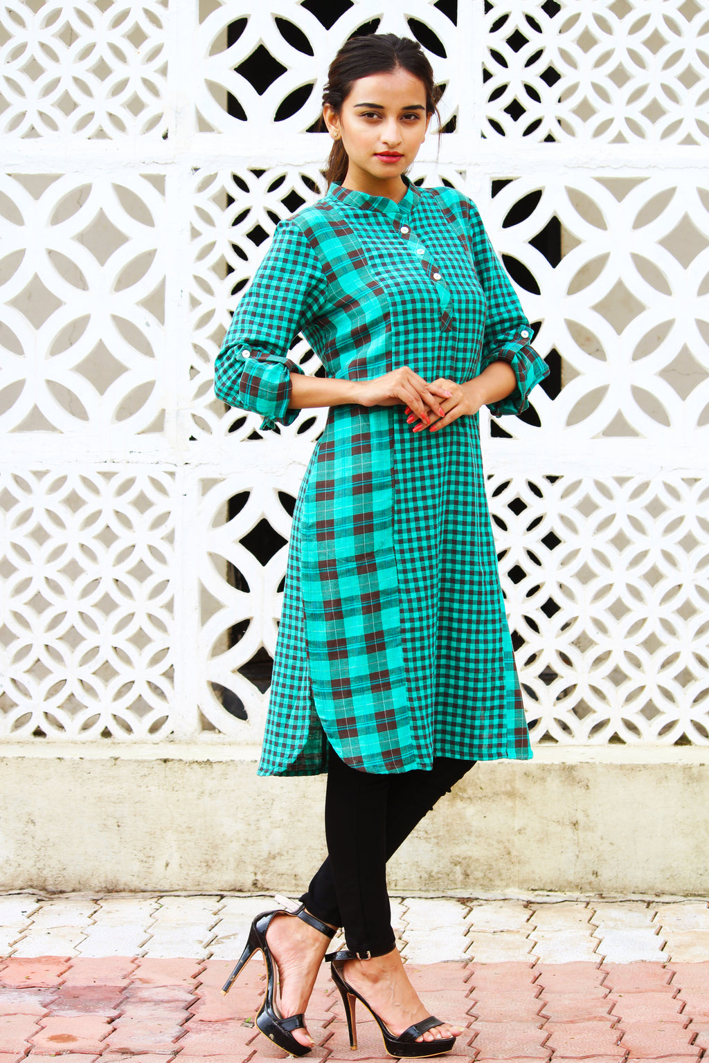 Teal And Brown Checks Kurta