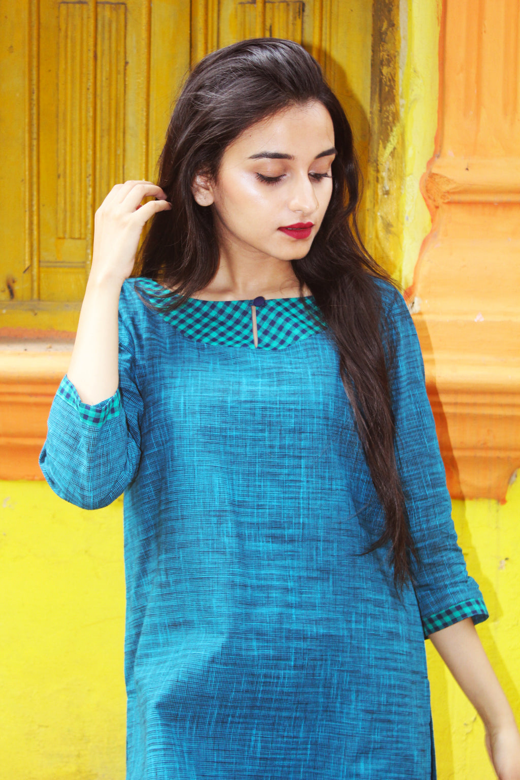 Teal Khadi Cotton Slub Kurta