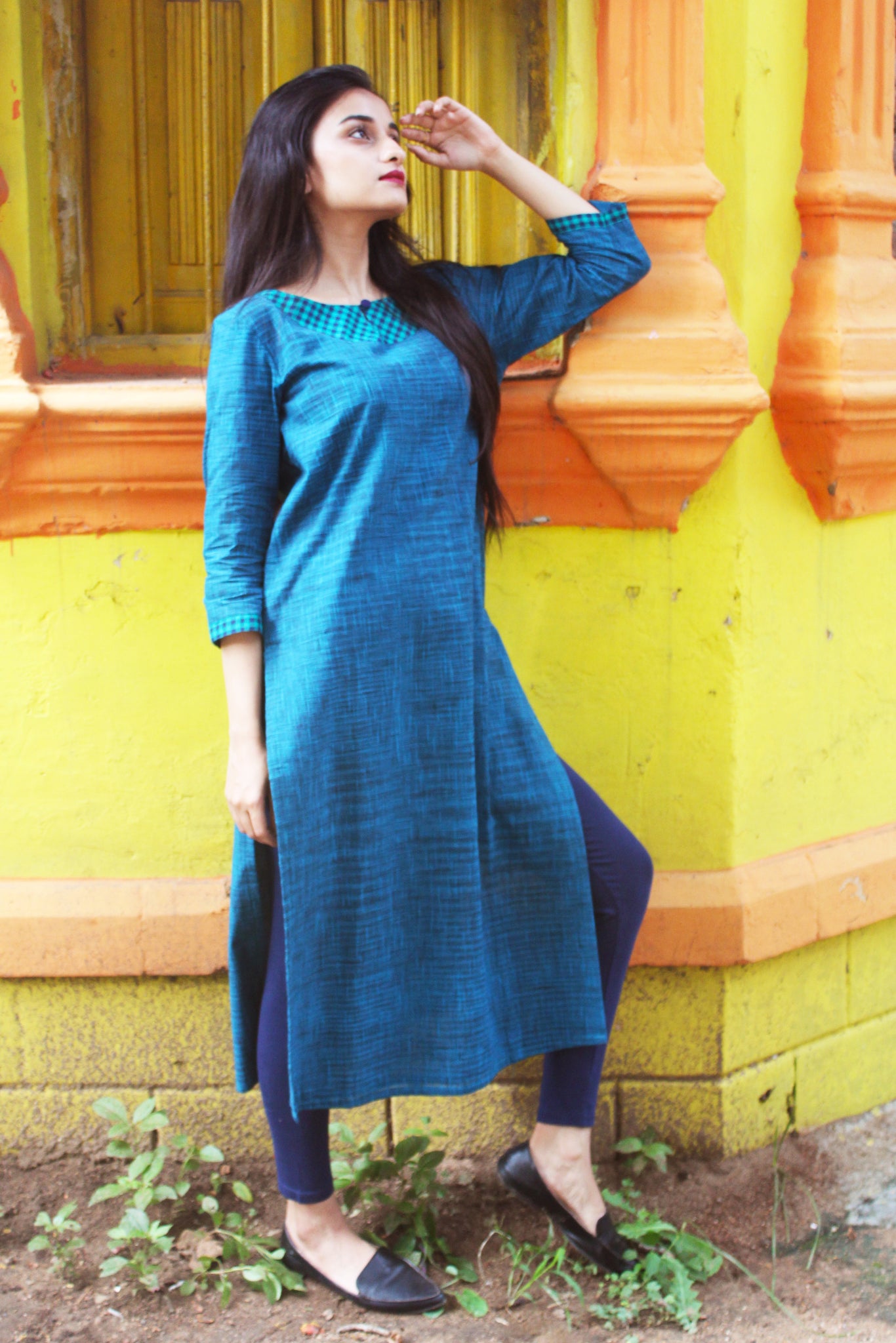 Teal Khadi Cotton Slub Kurta