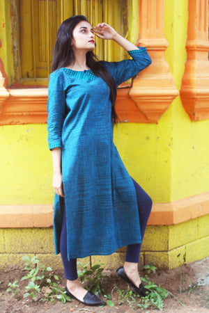 Teal Khadi Cotton Slub Kurta