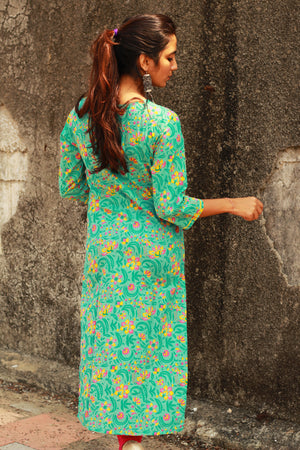 Turquoise Floral Print Kurta