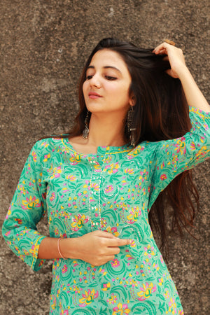 Turquoise Floral Print Kurta