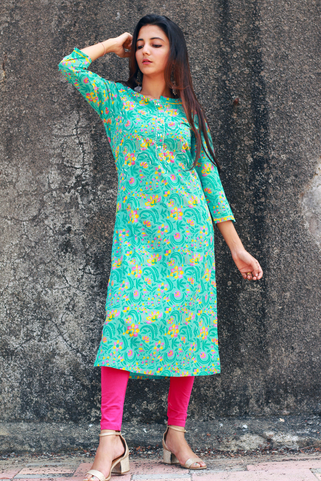 Turquoise Floral Print Kurta