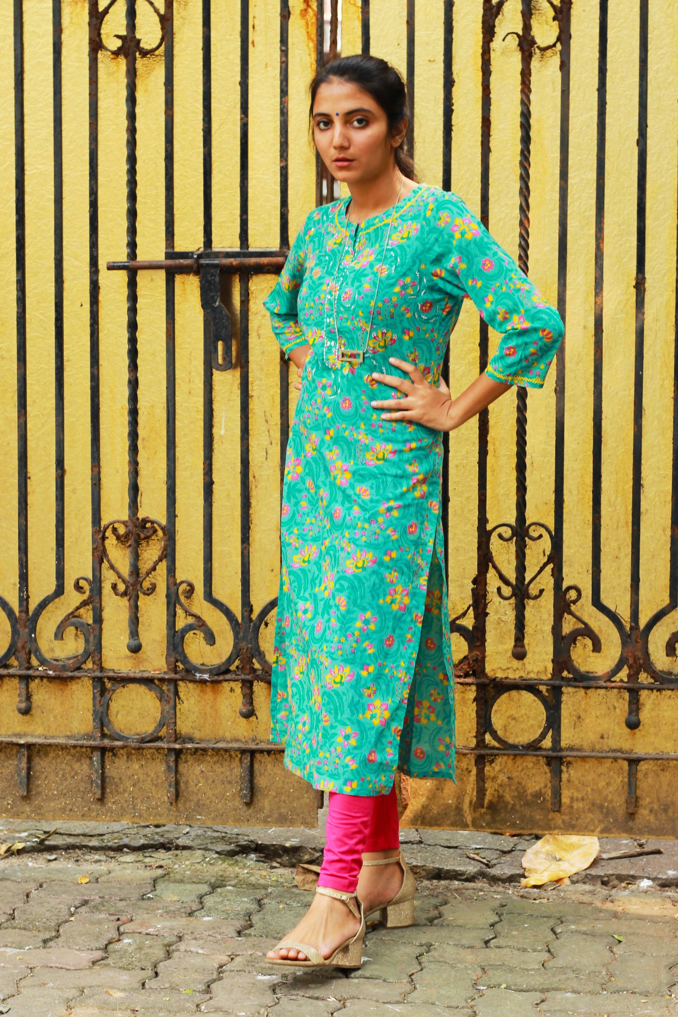 Turquoise Floral Print Kurta