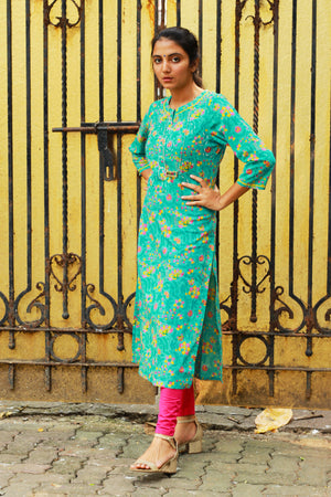 Turquoise Floral Print Kurta