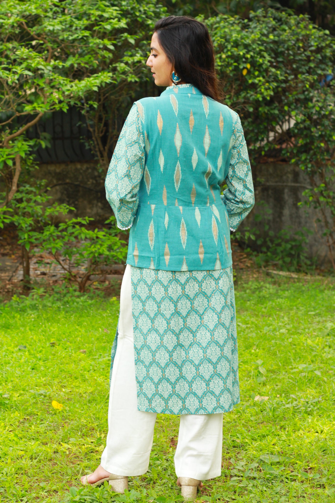 Sea Green Kurta And Short Jacket Set