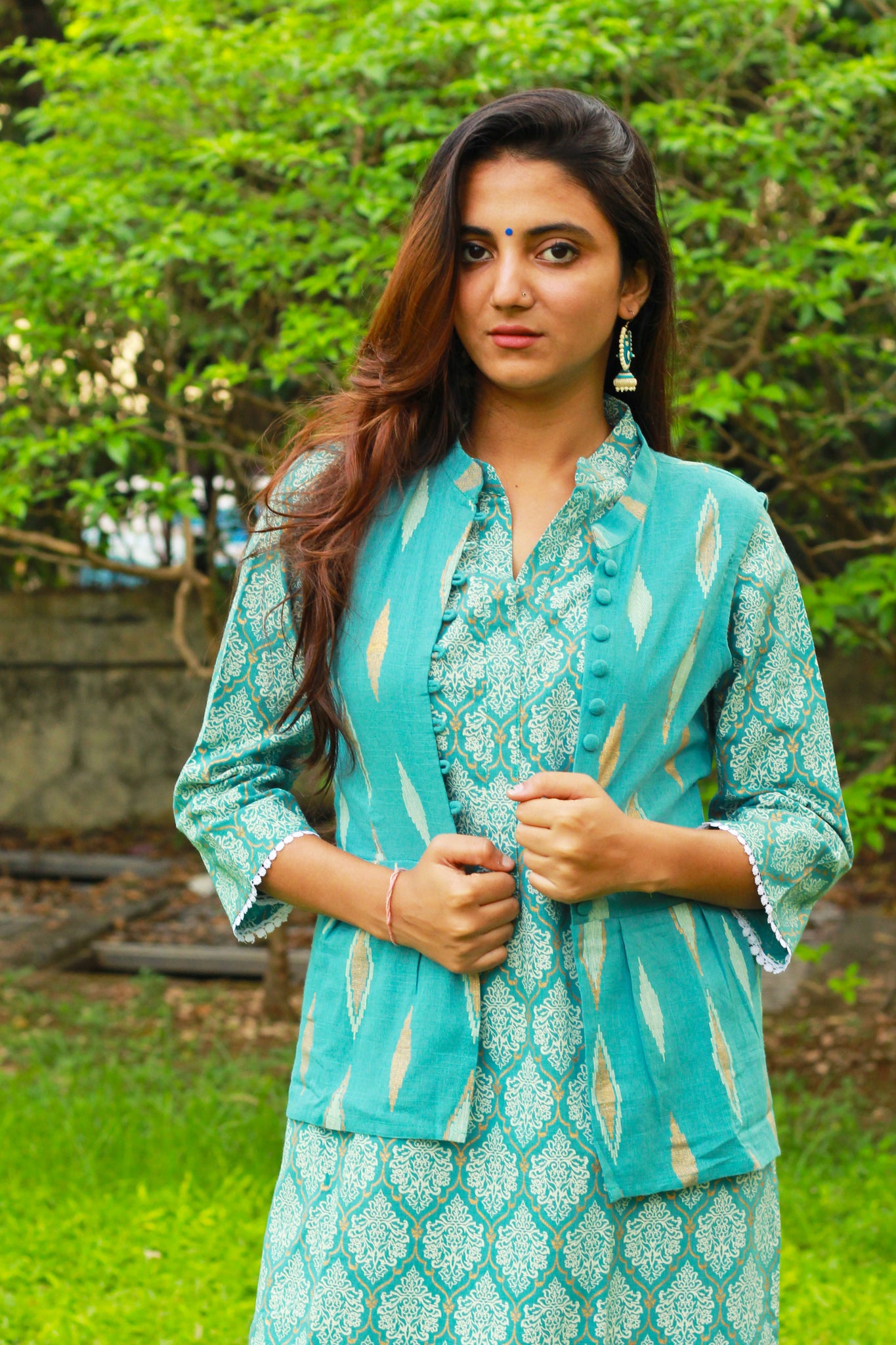 Sea Green Kurta And Short Jacket Set