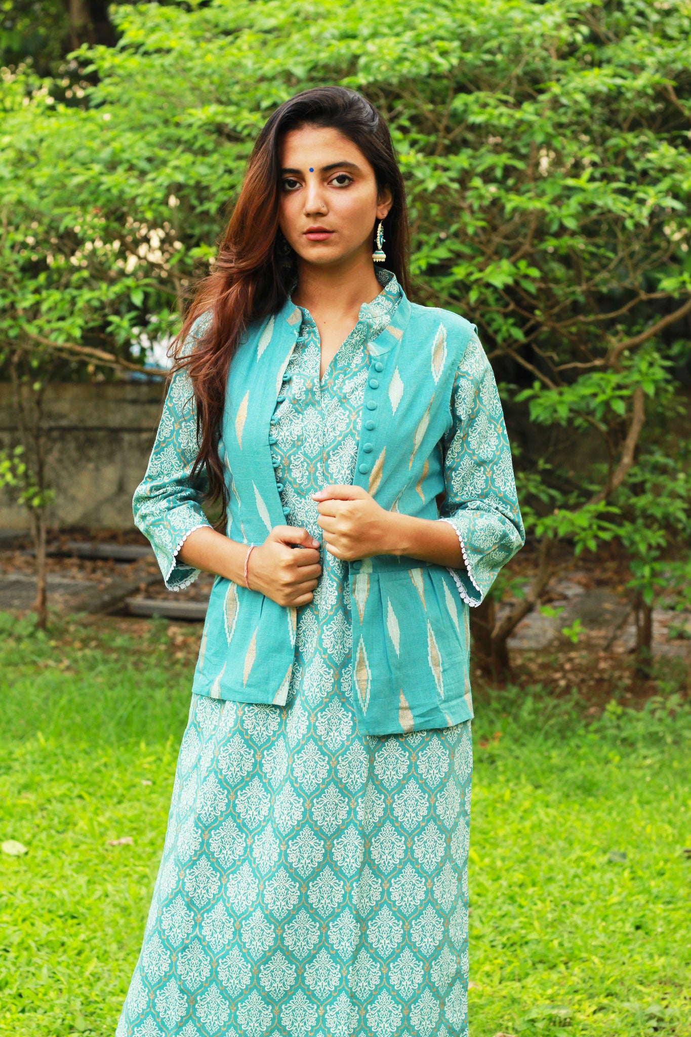 Sea Green Kurta And Short Jacket Set