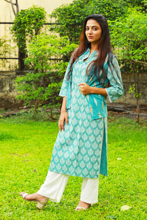 Sea Green Kurta And Short Jacket Set